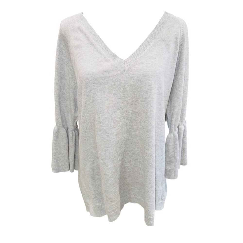 Banana Republic Grey V-Neck Knit Sweater Pleated Sleeves XL Boho Cottage Core